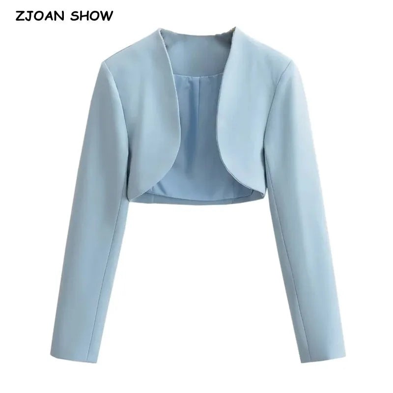 Autumn V neck Open stitching Cropped Blazer Women Full Sleeve Short Suits Fashion Outerwear