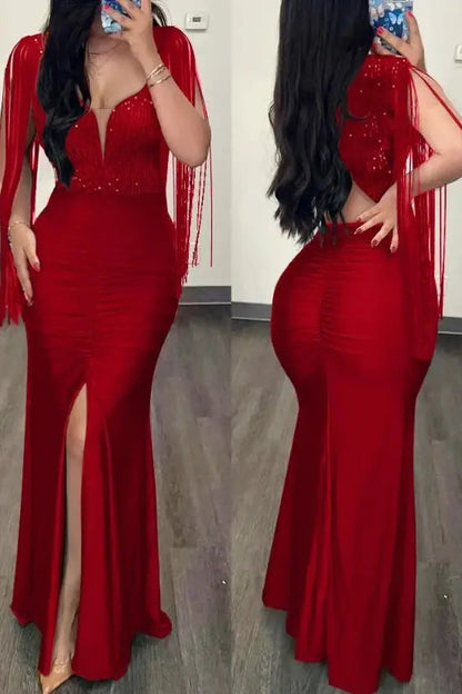 Sequin Slit Maxi Dress with Elegant Contrast