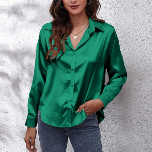 Camisa de satén de primavera para mujer, blusa holgada con botones, camisa de manga larga de seda sintética para mujer DF4972