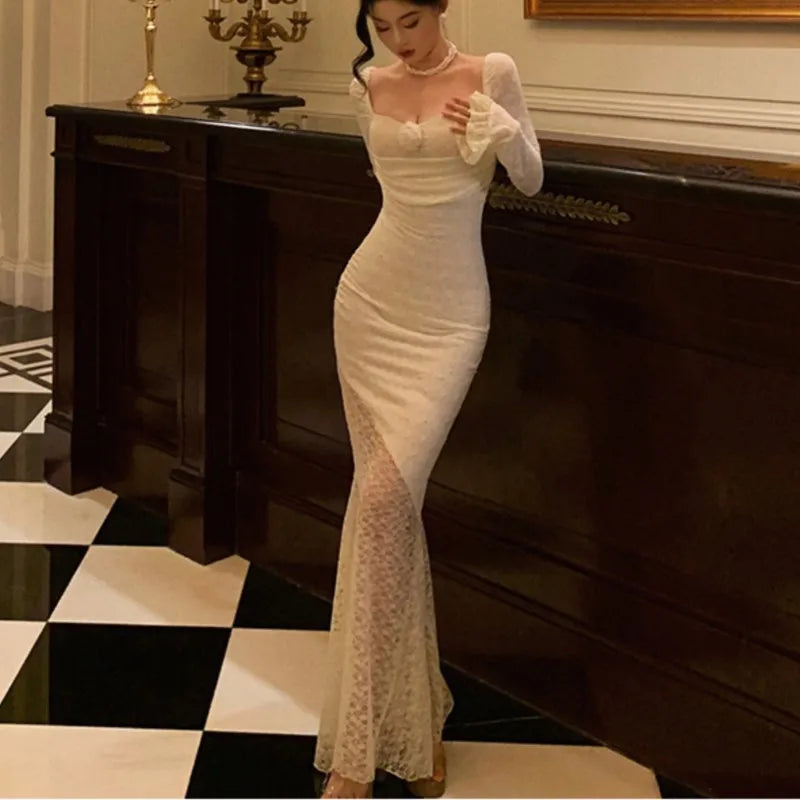 Sexy Solid Lace Maxi Dresses for Women Off Shoulder Bodycon Mermaid Autumn Birthday Evening Party Prom Robe Vestidos Mujer New
