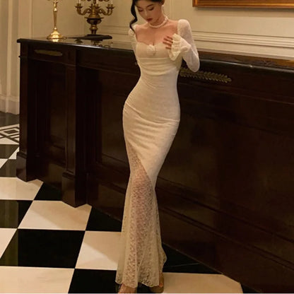 Sexy Solid Lace Maxi Dresses for Women Off Shoulder Bodycon Mermaid Autumn Birthday Evening Party Prom Robe Vestidos Mujer New