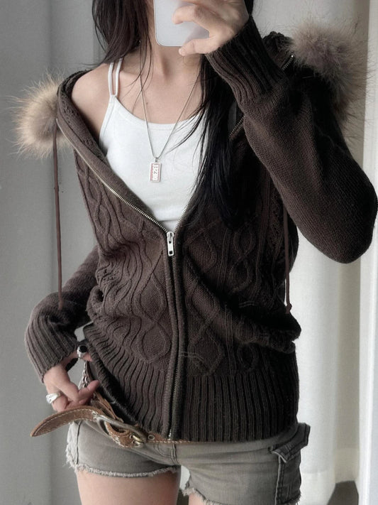 Suéter de punto con capucha para mujer, cárdigan de manga larga, estilo retro informal, estilo coreano, para otoño e invierno