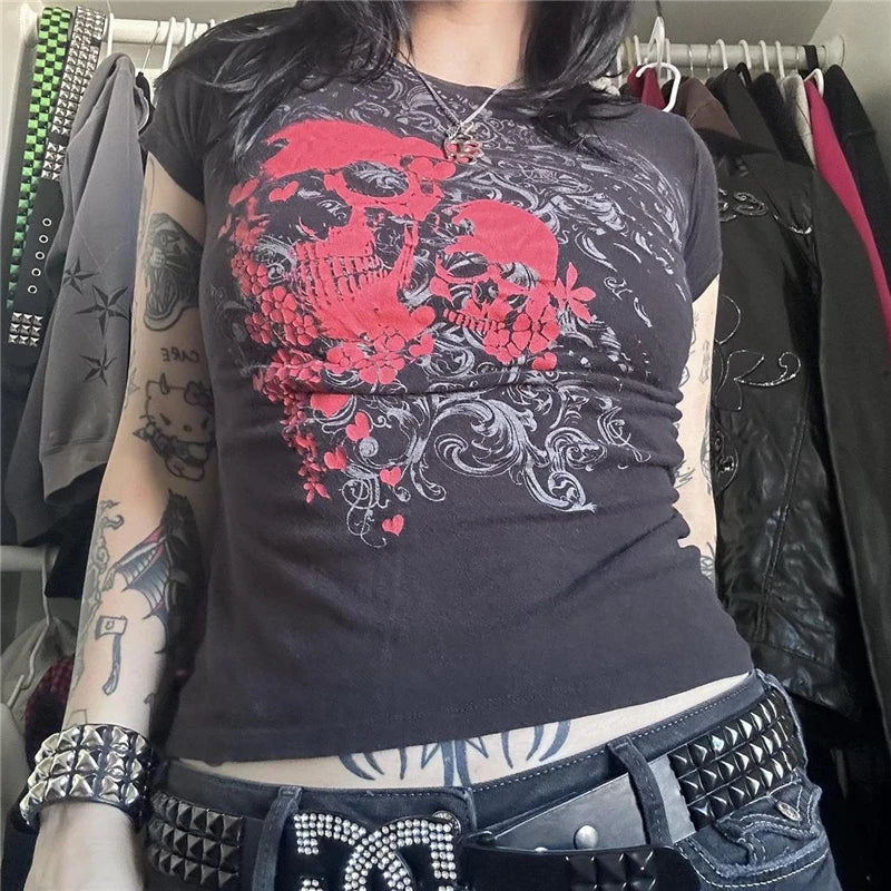 Goth y2k Top 2000s Women Emo Clothes Heart Skull Print Round Neck Short Sleeve T Shirts Grunge Aesthetic Clothing