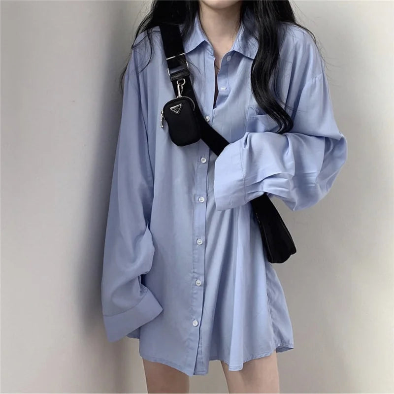 Blusas largas de estilo primavera-verano para mujer, estilo coreano, holgadas, de manga larga, de color liso, DF4914