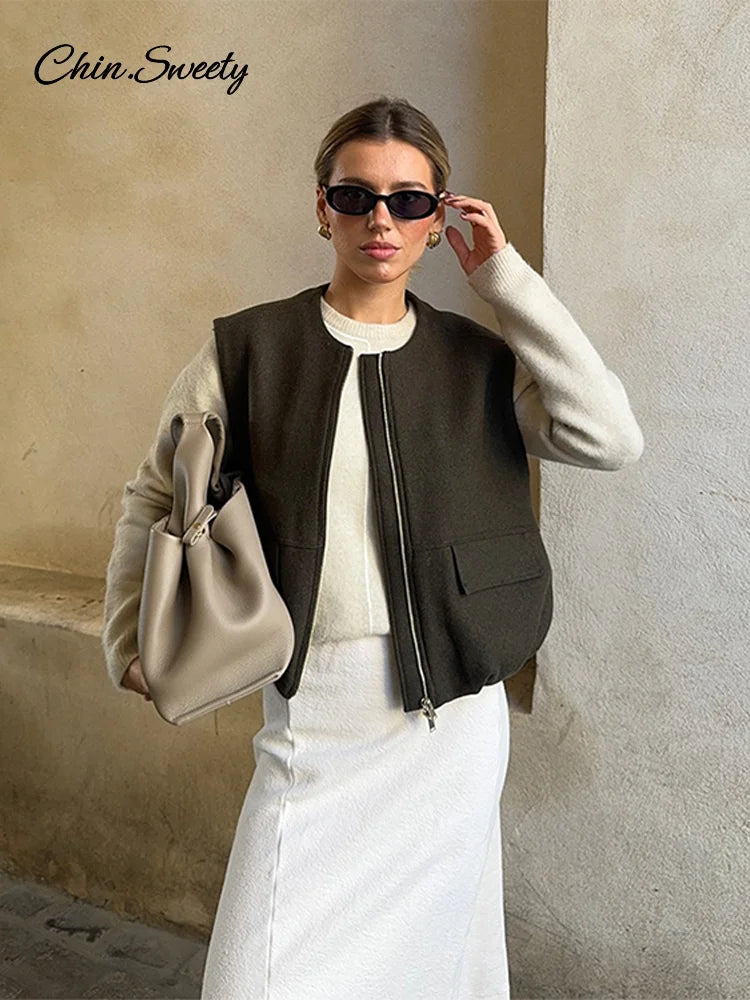 Street Zipper Waistcoat For Women Zipper O-neck Sleeveless Thick Warm Vest Top Female 2025 Spring Lady All-matching Outwear New
