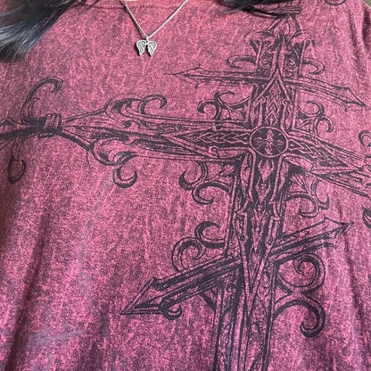 Camiseta vintage grunge emo Y2K de los años 2000, estilo cross cyber goth, con retazos, de manga larga, estilo e-girl, estilo gótico harajuku, holgada, para mujer y hombre.
