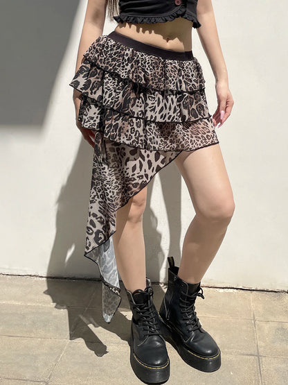 Falda de pastel irregular escalonada Hotsweet para mujer, minifalda con estampado de leopardo elegante Y2k, diseño Gyaru, nueva