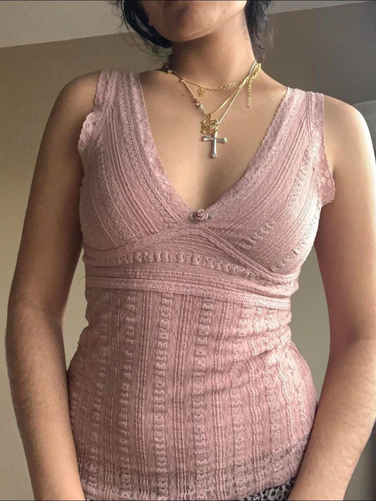 Top sin mangas con cuello en V, dulce y rosa, estilo Y2K, de encaje, estilo kawaii de los años 2000 para mujer