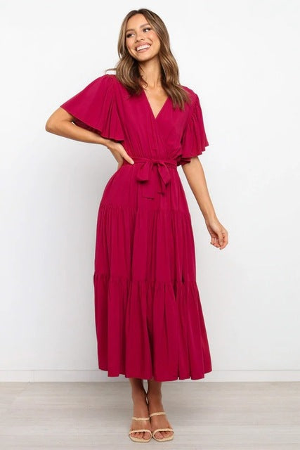 Vestidos largos con volantes de color liso de moda para mujer, sexys, con escote en V y mangas con volantes, vestido elegante con temperamento ahuecado para mujer, novedad de verano 2025