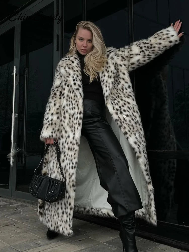 Abrigo largo de piel sintética con solapa y estampado de animales para mujer, abrigo holgado de manga larga con bolsillo, abrigos de otoño e invierno, prendas de vestir cálidas y gruesas para la calle.