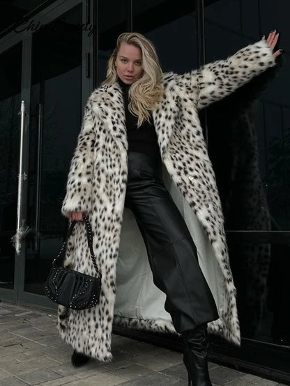 Abrigo largo de piel sintética con solapa y estampado de animales para mujer, abrigo holgado de manga larga con bolsillo, abrigos de otoño e invierno, prendas de vestir cálidas y gruesas para la calle.