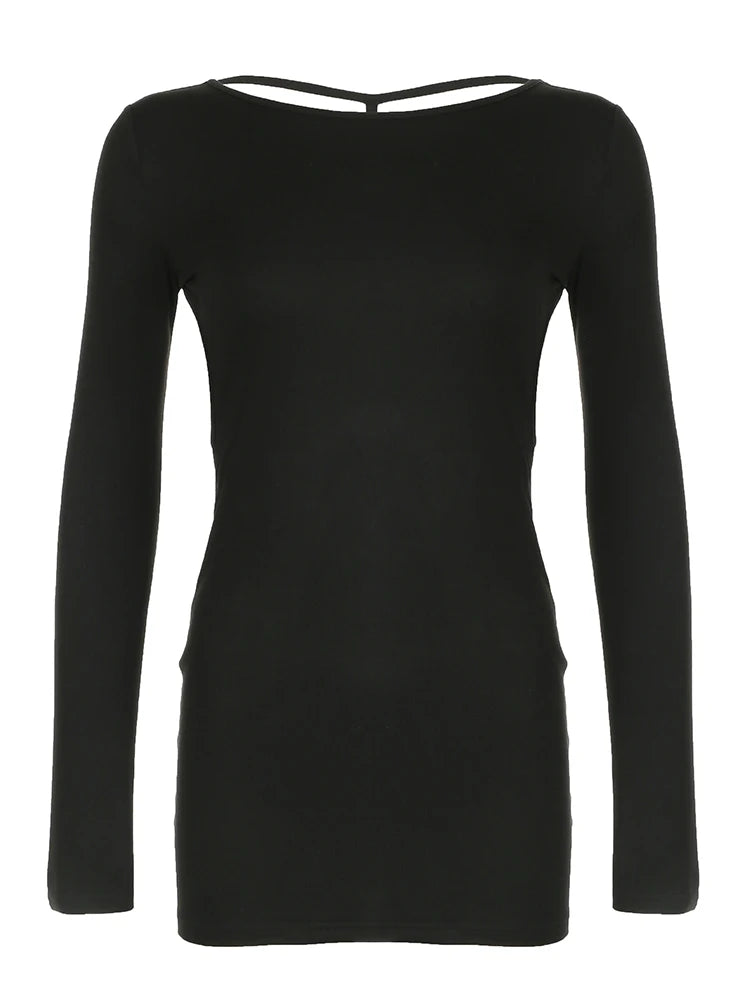 Vestido corto ajustado de manga larga, sexy y elegante, sin espalda, para mujer, estilo rave, club, negro, liso, para fiesta