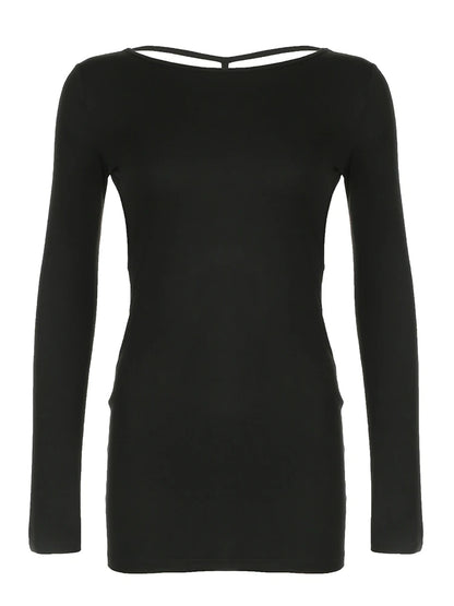 Vestido corto ajustado de manga larga, sexy y elegante, sin espalda, para mujer, estilo rave, club, negro, liso, para fiesta