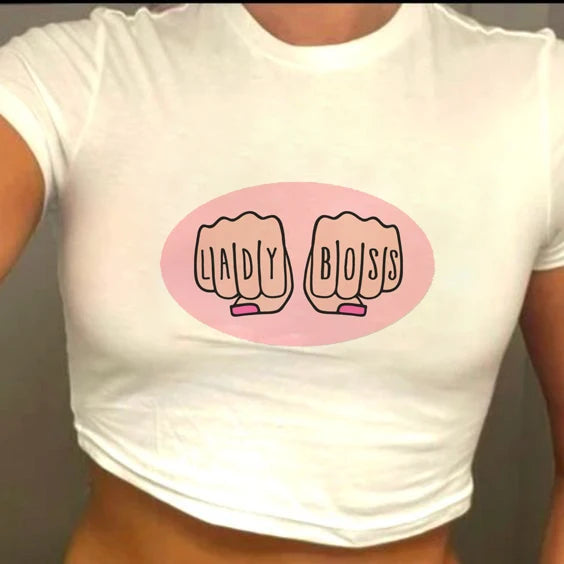 Camiseta básica americana de cuello redondo con estampado de letras, de punto, de manga corta, estilo Spice Girls, top corto ajustado de verano