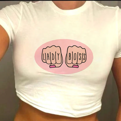 Camiseta básica americana de cuello redondo con estampado de letras, de punto, de manga corta, estilo Spice Girls, top corto ajustado de verano