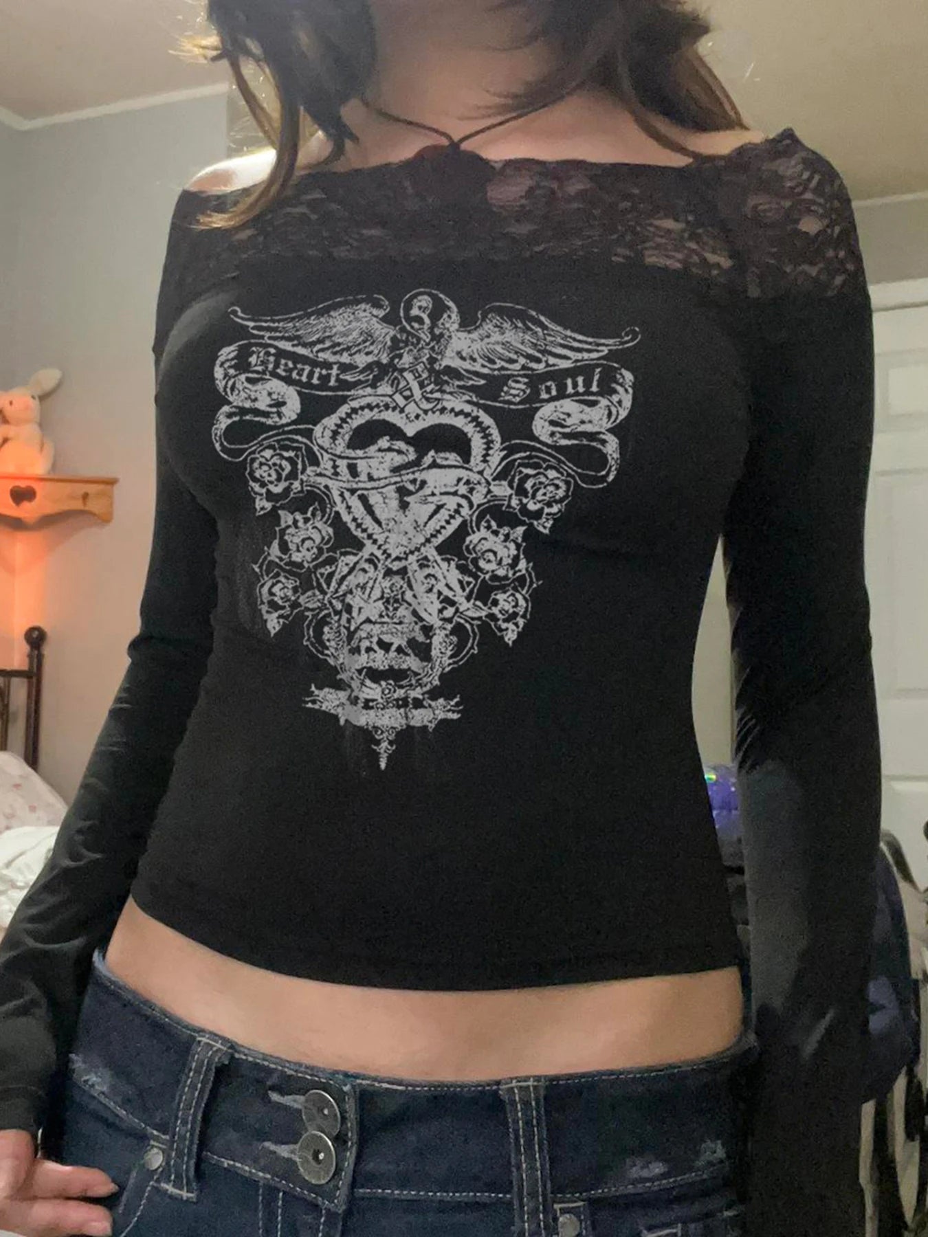 Blusas góticas retro de encaje con cuello oblicuo para mujer, manga larga, Y2k, estampado oscuro y chic, moda de otoño, tops de moda