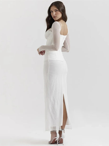 Elegante vestido maxi sexy de manga larga transparente para mujer, vestido largo sexy de malla sin tirantes y espalda descubierta para fiesta en club, nuevo