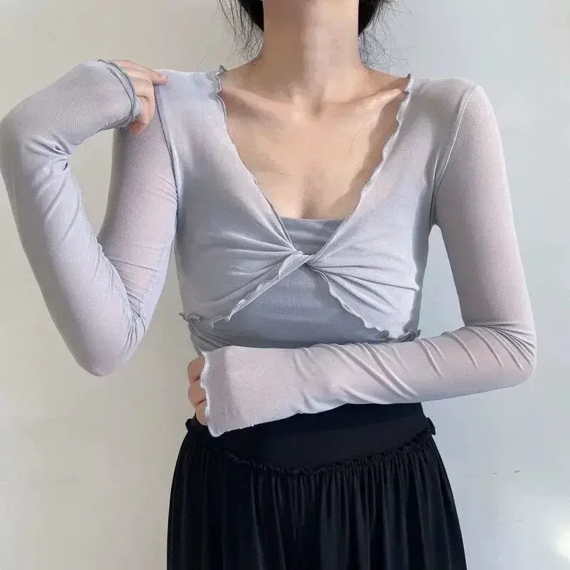 Cárdigans elegantes y sexys de moda para mujer, de color liso, transparentes, de manga larga, de malla, estilo vintage, con cordones, estilo urbano, cárdigans cortos.