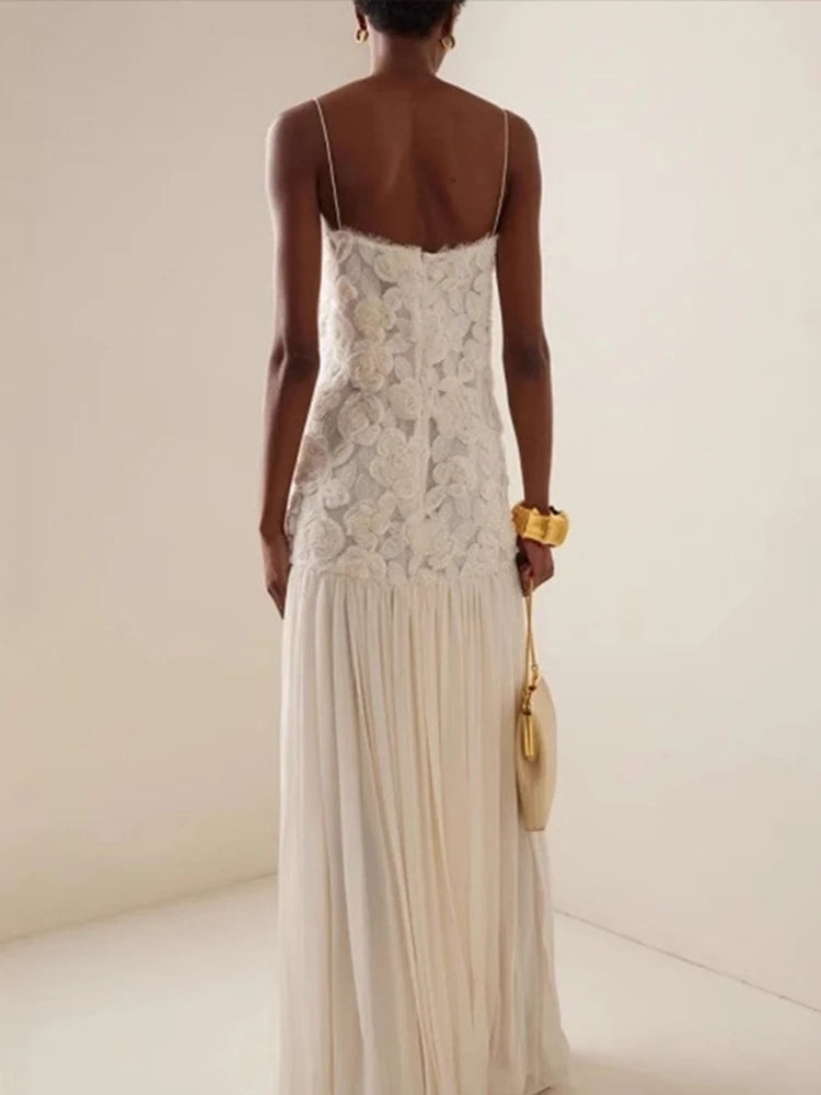 Elegante vestido largo con tirantes florales en 3D para mujer, estilo retro blanco, sin espalda, plisado, para noche, para mujer, elegante vestido de fiesta callejera de primavera.