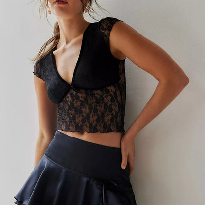 Floral Lace Sheer Crop Top y2k Aesthetic Women Sexy See Through V Neck Sleeveless Tanks Slim Fit Vest 2000s Clothing