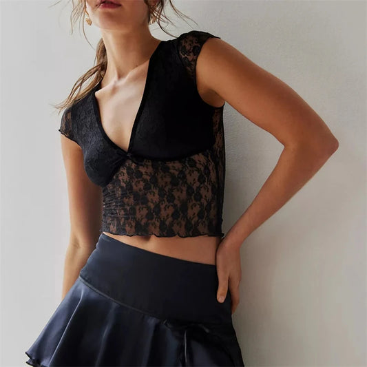Top corto transparente de encaje floral Y2K para mujer, estilo estético, sexy, transparente, con cuello en V, sin mangas, ajustado, estilo años 2000