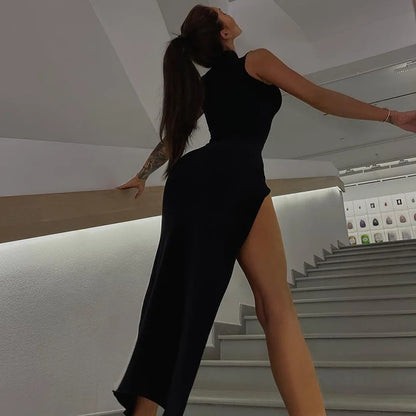 Nuevo vestido MIDI ajustado sin mangas con cuello redondo y abertura para mujer, moda transfronteriza Y2K de Europa y Estados Unidos.