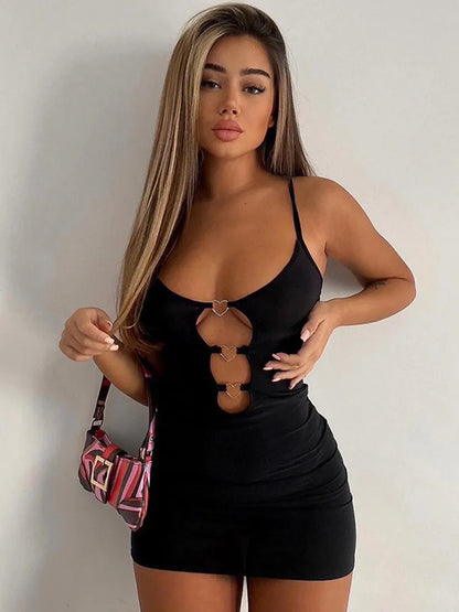 Vestido negro con anillo de corazón para mujer, traje de club de una pieza, vestido de noche sexy con agujeros, vestido de tirantes finos súper corto.