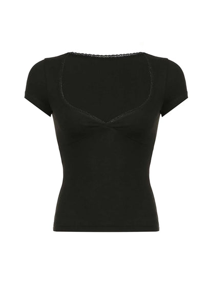 Black Solid Slim Elegant Basic Short Sleeve Tees Lace Trim Cute Y2K V Neck White T Shirts Women Summer Streetwear Tops
