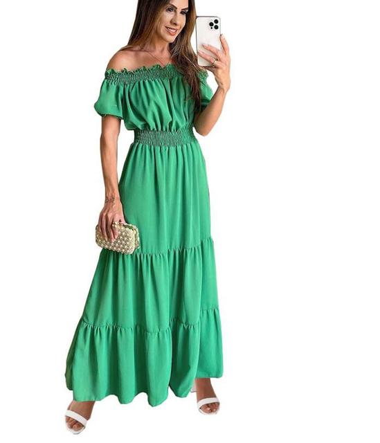 2025 Summer Vestidos Red Short Sleeve Sexy Club Party Evening Long Dress Slim Solid Color Robe Ruffles Elastic Waist Slash Neck