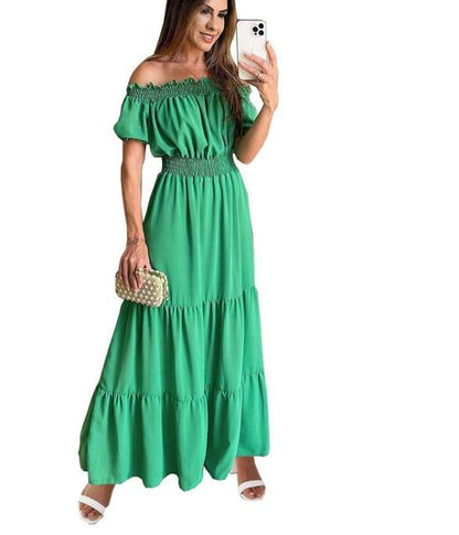 2025 Summer Vestidos Red Short Sleeve Sexy Club Party Evening Long Dress Slim Solid Color Robe Ruffles Elastic Waist Slash Neck