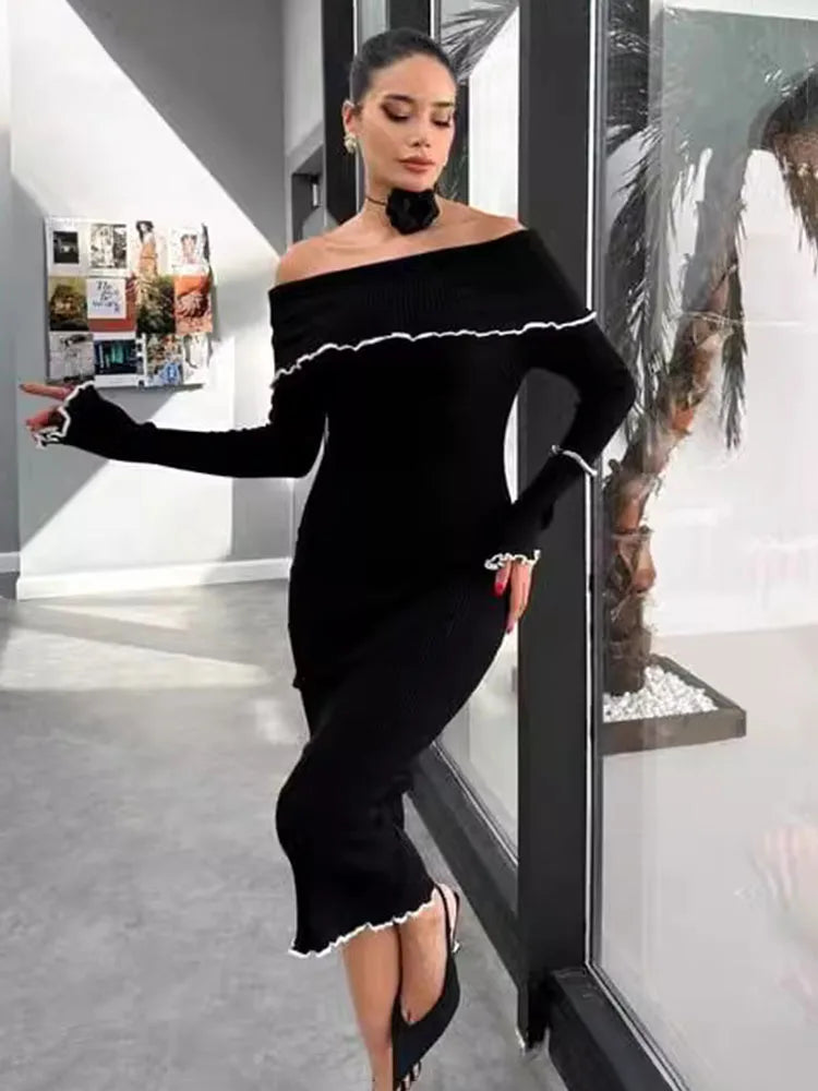 Fall Winter Sexy One-Shoulder Long Knit Dress Slim Elegant Fungus Splice Contrast Color Sweater Female Club Party Dresses