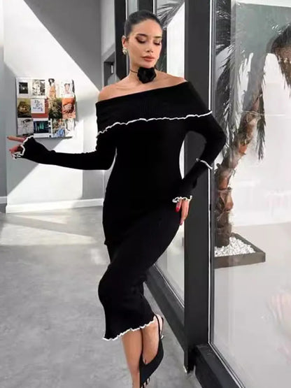 Fall Winter Sexy One-Shoulder Long Knit Dress Slim Elegant Fungus Splice Contrast Color Sweater Female Club Party Dresses