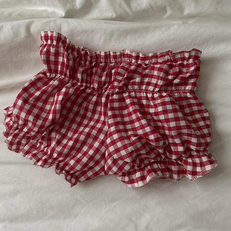 Pantalones cortos a cuadros estilo cabaña vintage de los años 90, pantalones bombachos elásticos ajustados para mujer, ropa de estar por casa estilo kawaii, bragas bonitas estilo retro Y2K