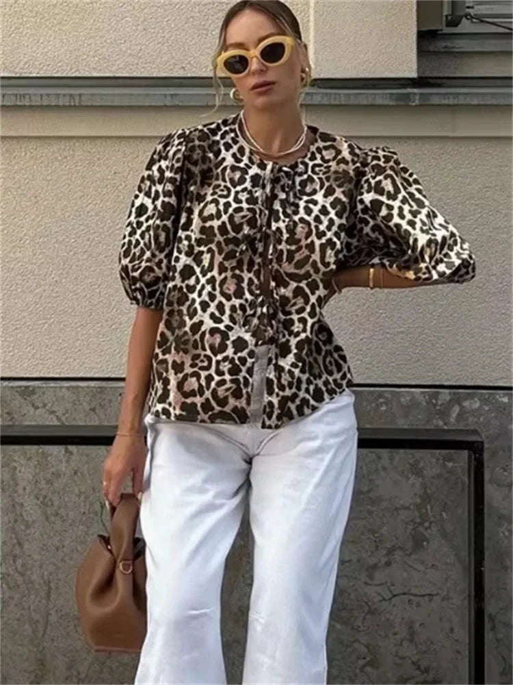 Camisetas con estampado de leopardo para mujer, blusas informales de manga corta con contraste, con cordones, ajustadas, estilo Y2k, camisetas de otoño tipo vendaje