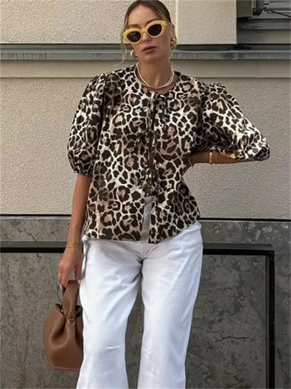 Camisetas con estampado de leopardo para mujer, blusas informales de manga corta con contraste, con cordones, ajustadas, estilo Y2k, camisetas de otoño tipo vendaje