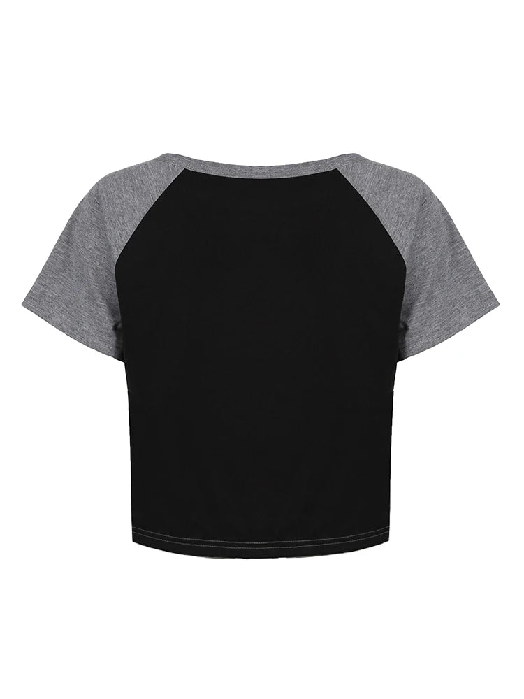 American Retro Casual Football Tee Jersey Figure Print Contract Patchwork Short Sleeve Loose Casual Summer Preppy T Shirt Women