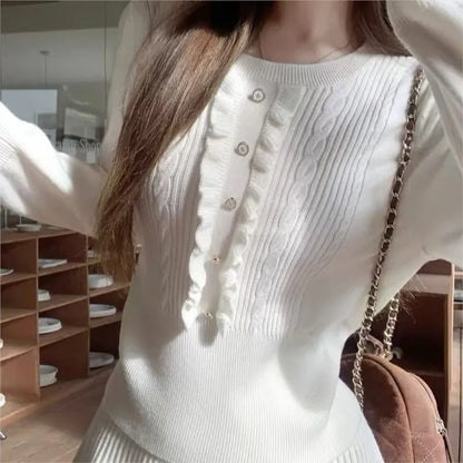 Conjuntos de punto de 2 piezas estilo preppy de otoño para mujer, top de manga larga con cuello redondo y minifalda plisada, moda coreana, trajes casuales, nuevo traje