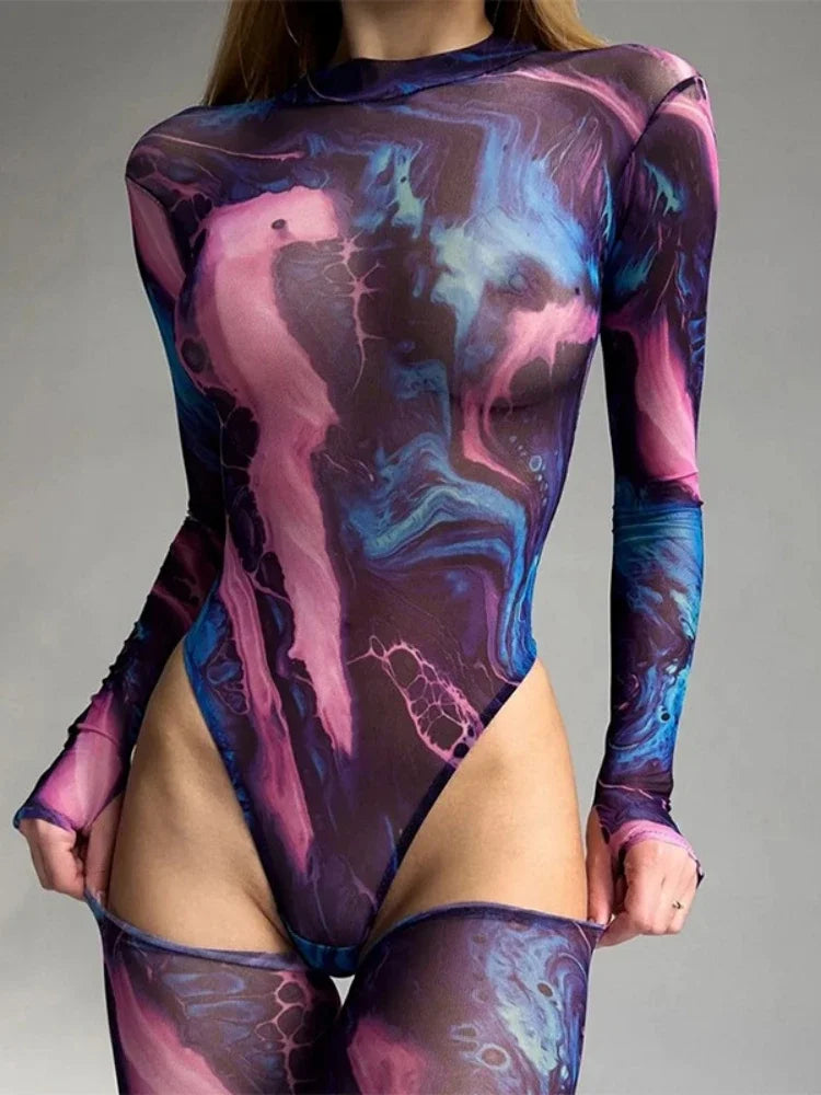 Tie Dye Sexy Bodysuit Lingerie Long Sleeve Corset Top Women One-Pieces Rave Outfit Bodycon Lenceria Femenina See Through Bustier