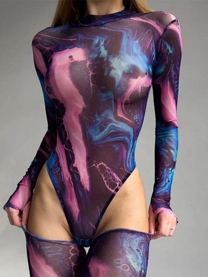 Tie Dye Sexy Bodysuit Lingerie Long Sleeve Corset Top Women One-Pieces Rave Outfit Bodycon Lenceria Femenina See Through Bustier