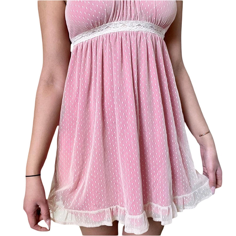 y2k Kawaii Pink A-line Dress  Summer Women Lace Mini Sundress Fashion Harajuku Sweet E Girl Clothes Streetwear