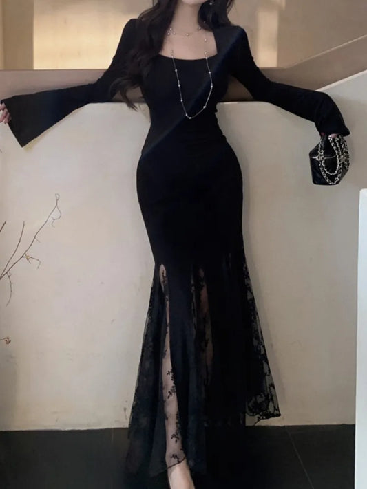 New Spring Summer Vintage Bodycon Solid Chic Women Black Dress Elegant Slim Lace Patchwork Party Prom Vestidos Female Clothes