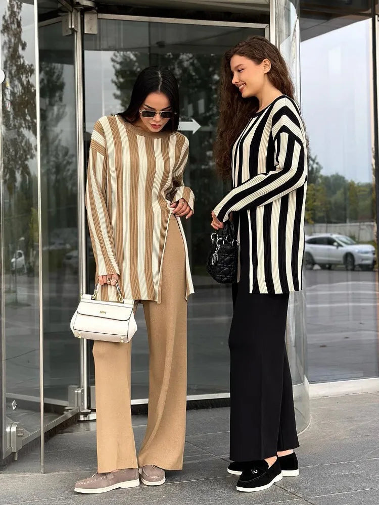 Striped Knitwear Fashion 2 Piece-Set For Women Contrast Long Sleeve Split Straight Trousers Outfits Women’s Pants Sets