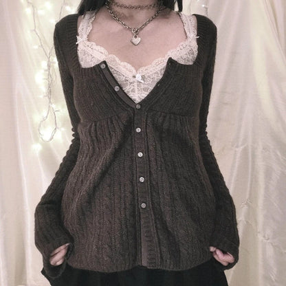 Suéter vintage estilo grunge Y2K de los 00, cárdigan de manga larga con botonadura sencilla, camiseta de punto kawaii estética de los 00, ropa para mujer