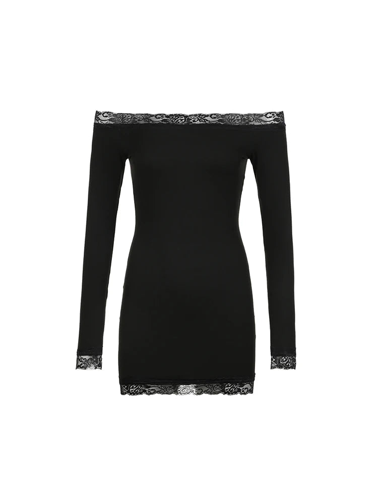 Vestido corto negro de manga larga con hombros descubiertos y ribete de encaje liso y ajustado para mujer, elegante y sexy para fiesta