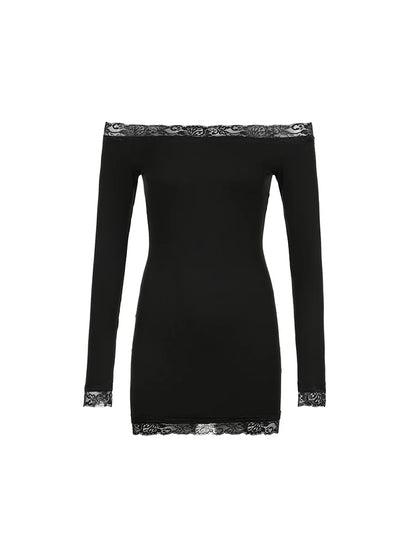 Vestido corto negro de manga larga con hombros descubiertos y ribete de encaje liso y ajustado para mujer, elegante y sexy para fiesta