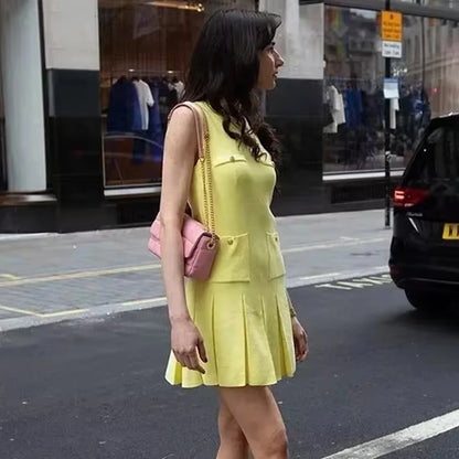Vestido mini de punto con pliegues de moda para mujer, elegante, sin mangas, con bolsillo, chaleco, vestido de cintura alta, para fiestas de verano