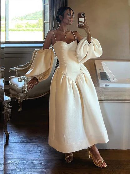Elegant Puff Sleeve Sling Dresses Women Retro White Slim Fit Tube Dress Female Autumn Summer Versatile Street Party Evening