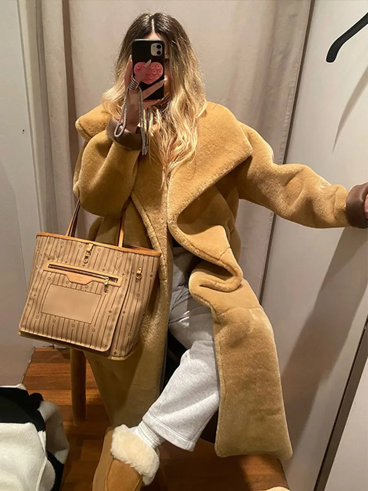 Abrigos largos elegantes de piel sintética con cinturón, solapa grande, manga larga y bolsillo, abrigos de felpa para mujer, ropa de calle de invierno 2025