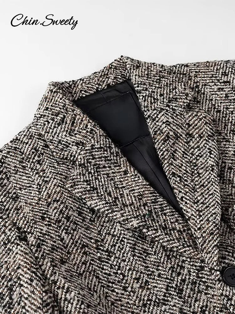Chaqueta de invierno con cinturón para mujer, chaqueta holgada de mezcla de lana y tweed con solapa, cálida, elegante, para desplazamientos diarios