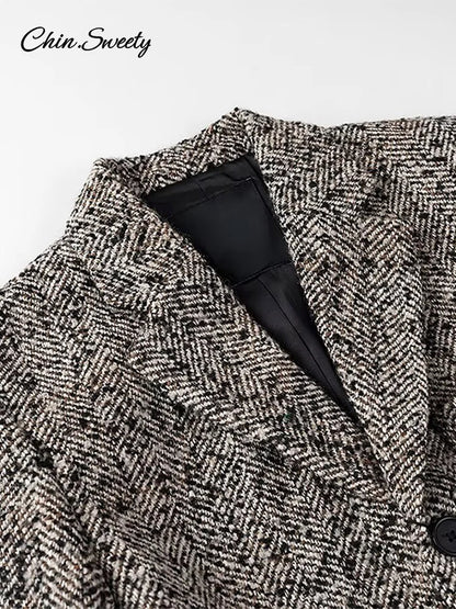 Chaqueta de invierno con cinturón para mujer, chaqueta holgada de mezcla de lana y tweed con solapa, cálida, elegante, para desplazamientos diarios